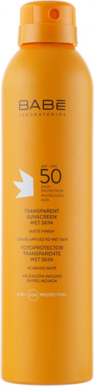 Babe Laboratorios Sun Protection Spray SPF 50 - Сонцезахисний водостійкий спрей з SPF 50 з прозорою текстурою та матуючим ефектом