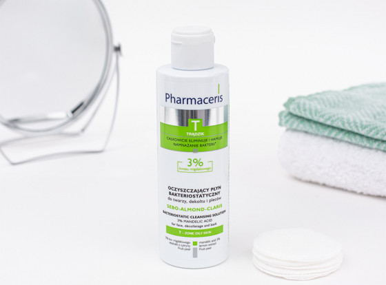Pharmaceris T Sebo-Almond-Claris Bacteriostatic Cleansing Solution - Бактеріостатична рідина для обличчя, області декольте і спини з 3% мигдальною кислотою - 1