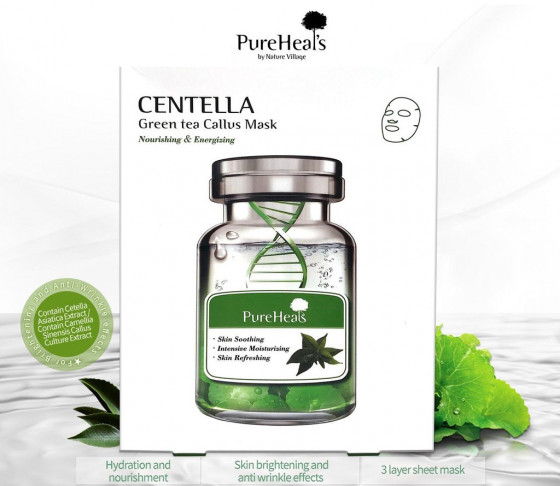 PureHeal's Centella Green Tea Callus Mask - Відновлювальна тканинна маска з екстрактами центели і зеленого чаю - 1